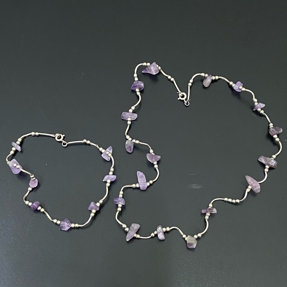 Vintage Handmade Amethyst Nugget 925 Sterling Silver Necklace & Bracelet Set - Picture 1 of 15